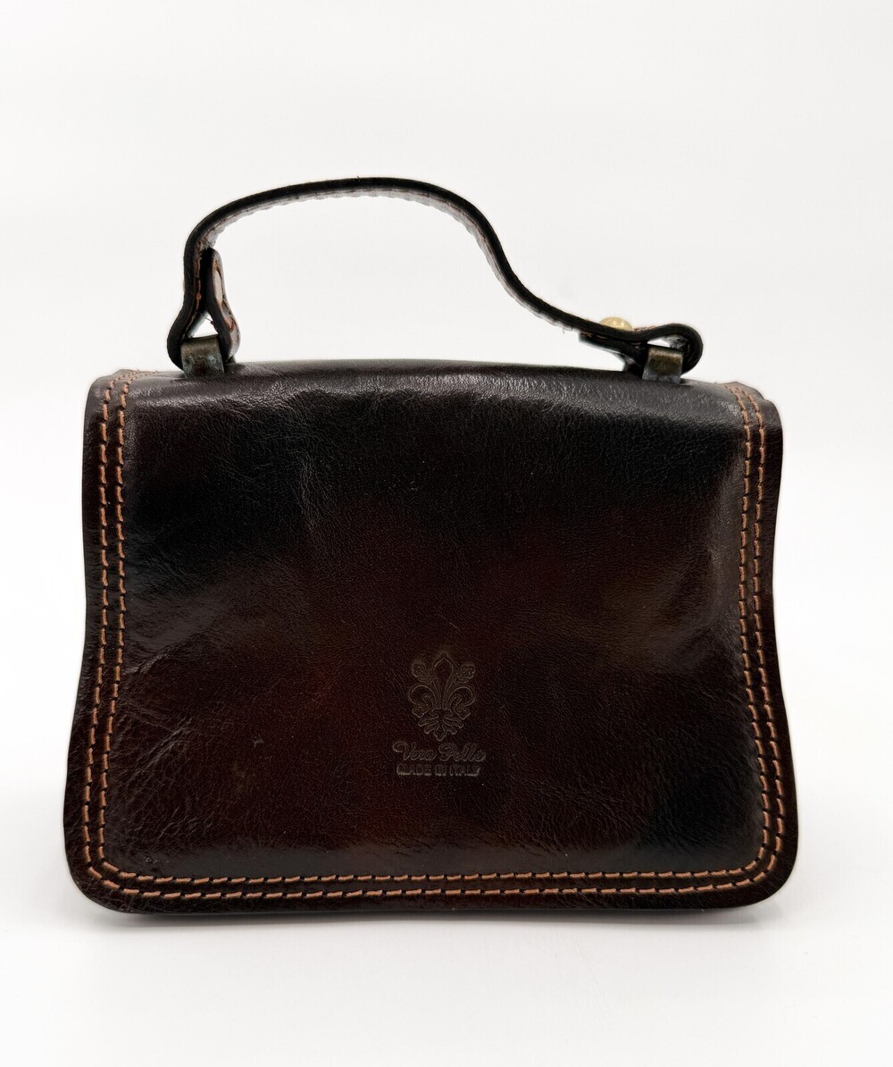 Vera Pelle Leather Mini Purse Womens Brown Top Handle Snap Made in Italy Small